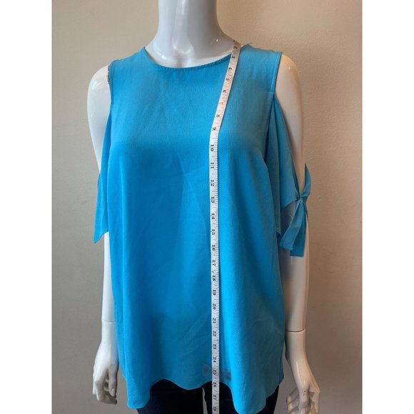 CeCe Womens Cold Shoulder Blouse Top Round Neck Keyhole Back Aqua Blue Size M - Picture 3 of 7